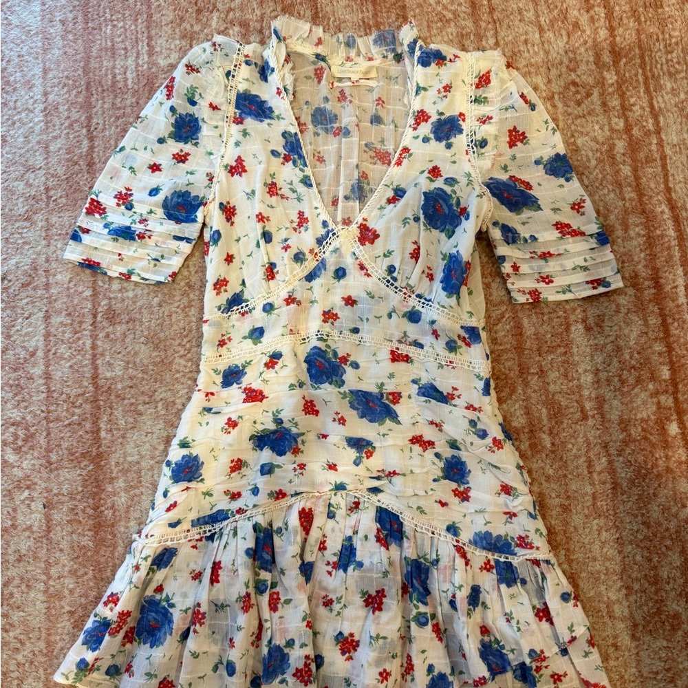 LoveShackFancy Floral Mini Dress - Blue and Red